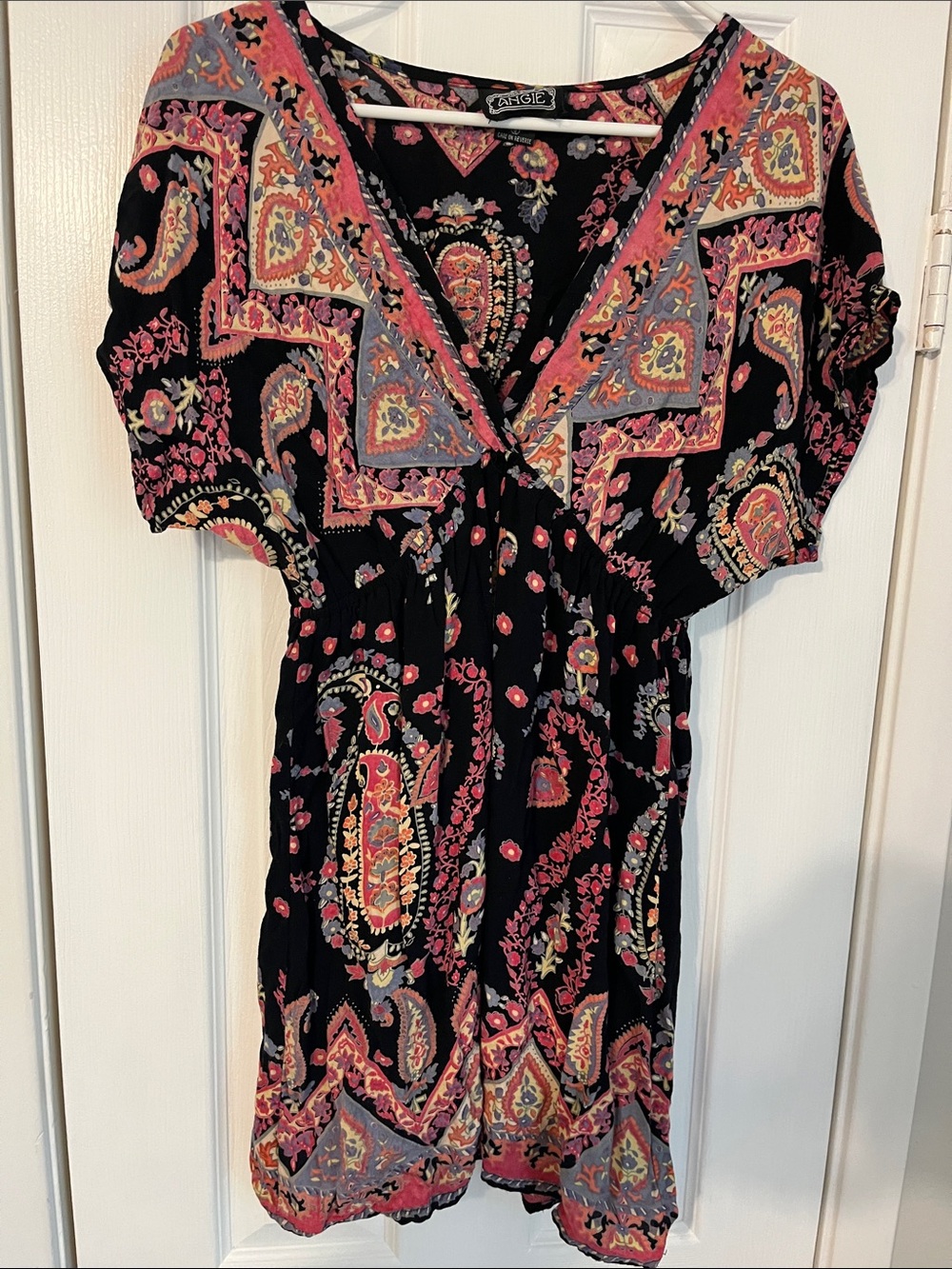 Angie Black Paisley V-Neck Short Dress with Pink & Coral Accents